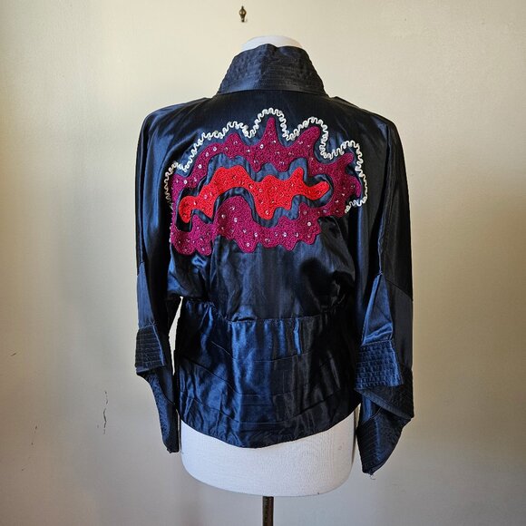 Japanese Style Vintage Satin Chenille Embroidered Kimono Sleeves Costume Top S/M - Picture 7 of 8
